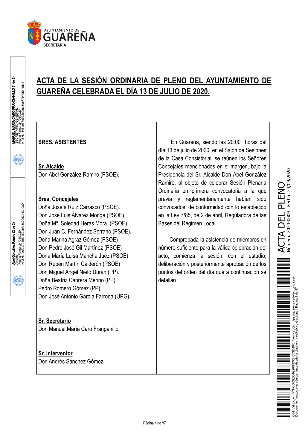 Acta De La Sesión Ordinaria De Pleno Del Ayuntamiento De Guareña Celebrada El Día 13 De Julio De 2020