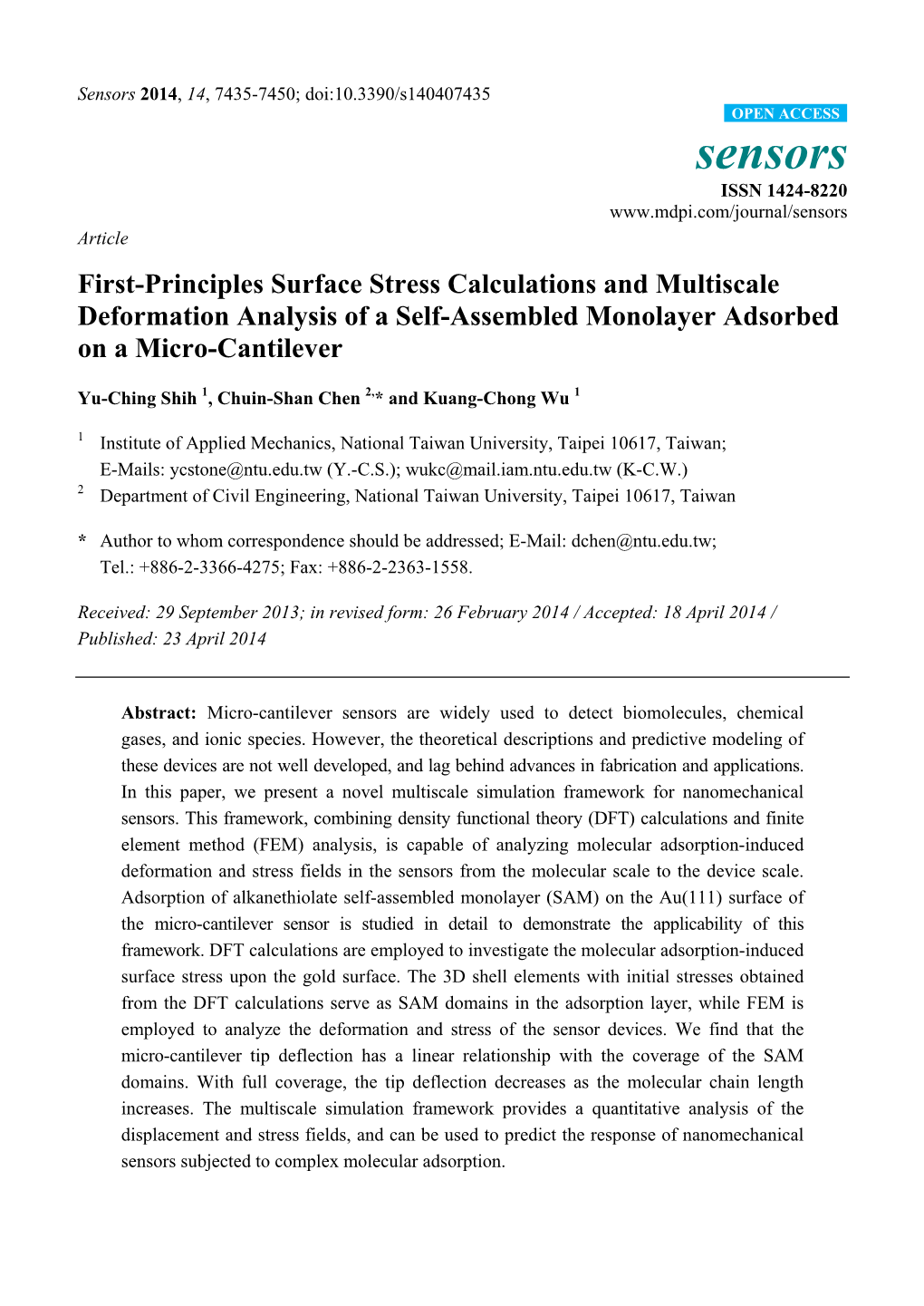 First-Principles Surface Stress Calculations and Multiscale Deformation Analysis of a Self-Assembled Monolayer Adsorbed on a Micro-Cantilever