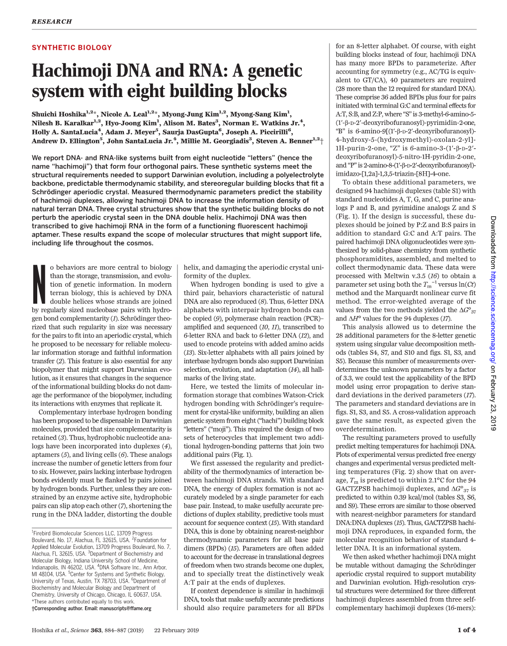 Hachimoji DNA and RNA: a Genetic System with Eight Building Blocks Shuichi Hoshika, Nicole A