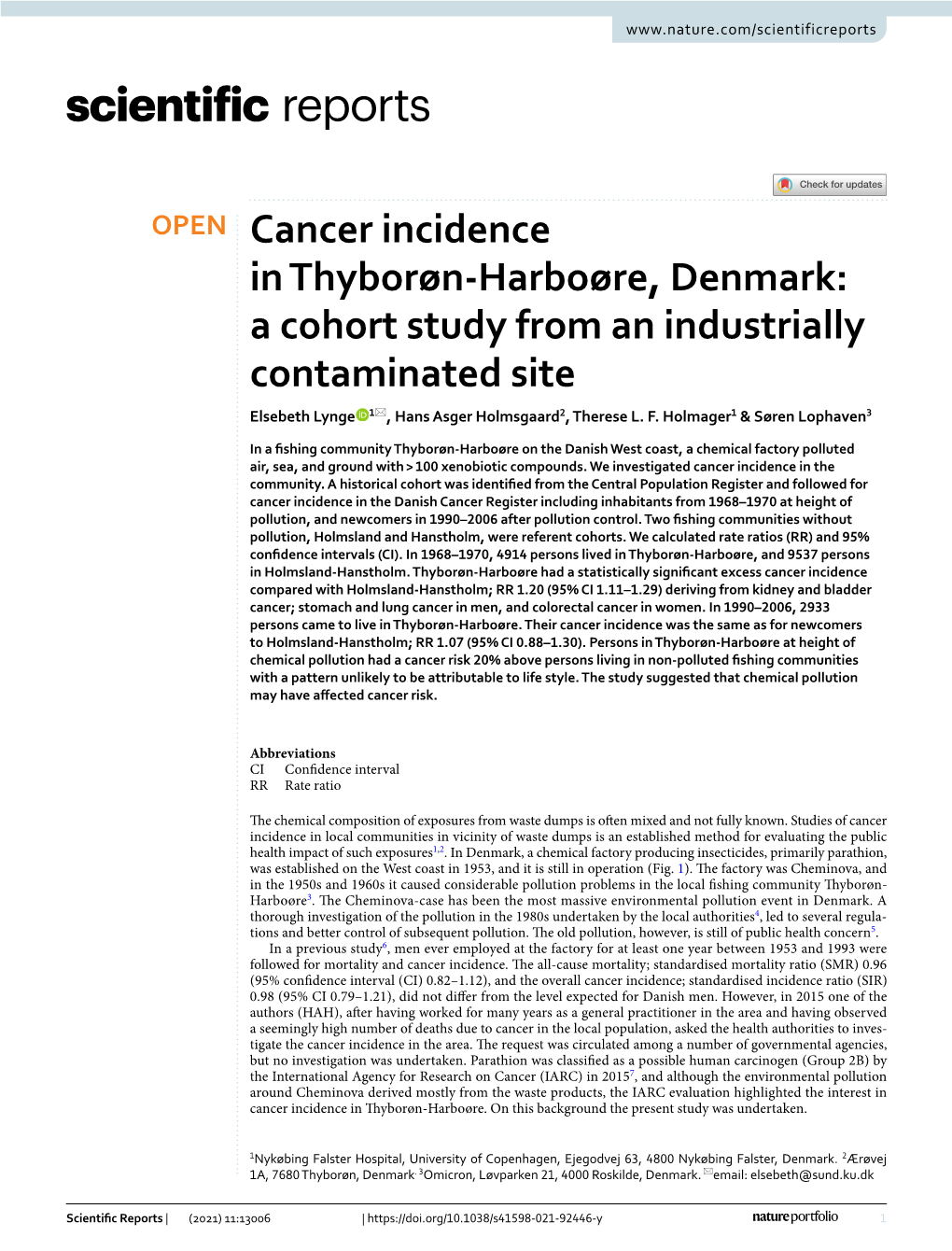 Cancer Incidence in Thyborøn-Harboøre, Denmark: A