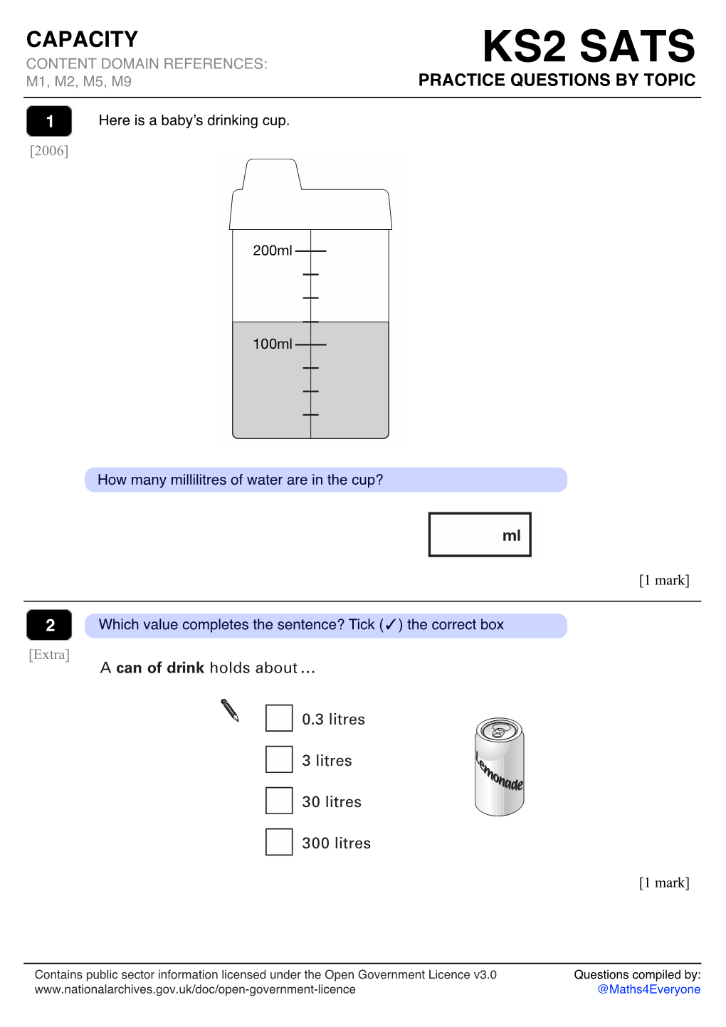 E Cup? Ml a Can of Drink Holds About … 0.3 Litres 3 Litres 30 Litres 300 Litres