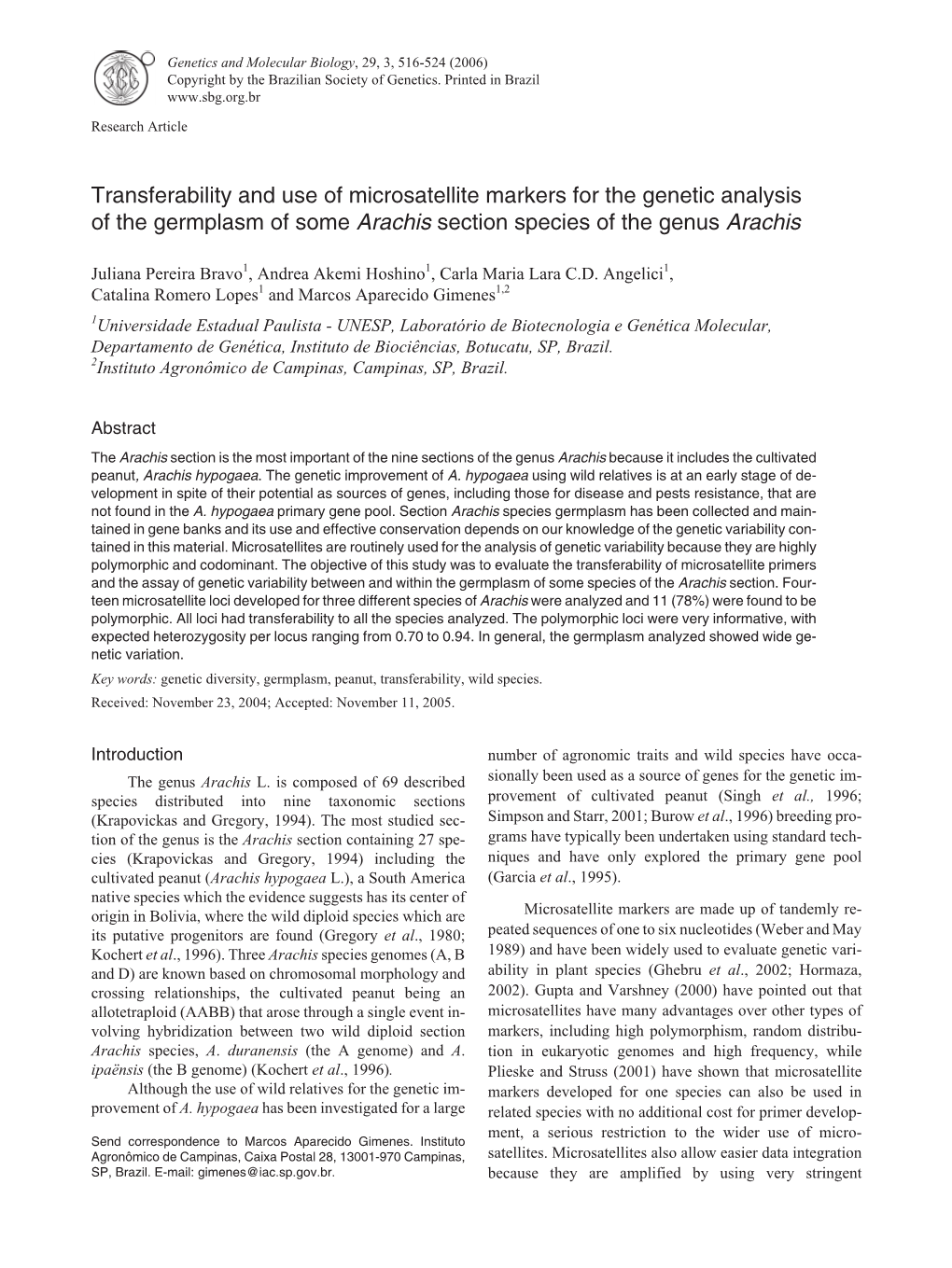 Transferability and Use of Microsatellite Markers for the Genetic Analysis of the Germplasm of Some Arachis Section Species of the Genus Arachis