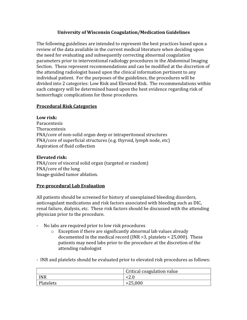 University of Wisconsin Coagulation/Medication Guidelines
