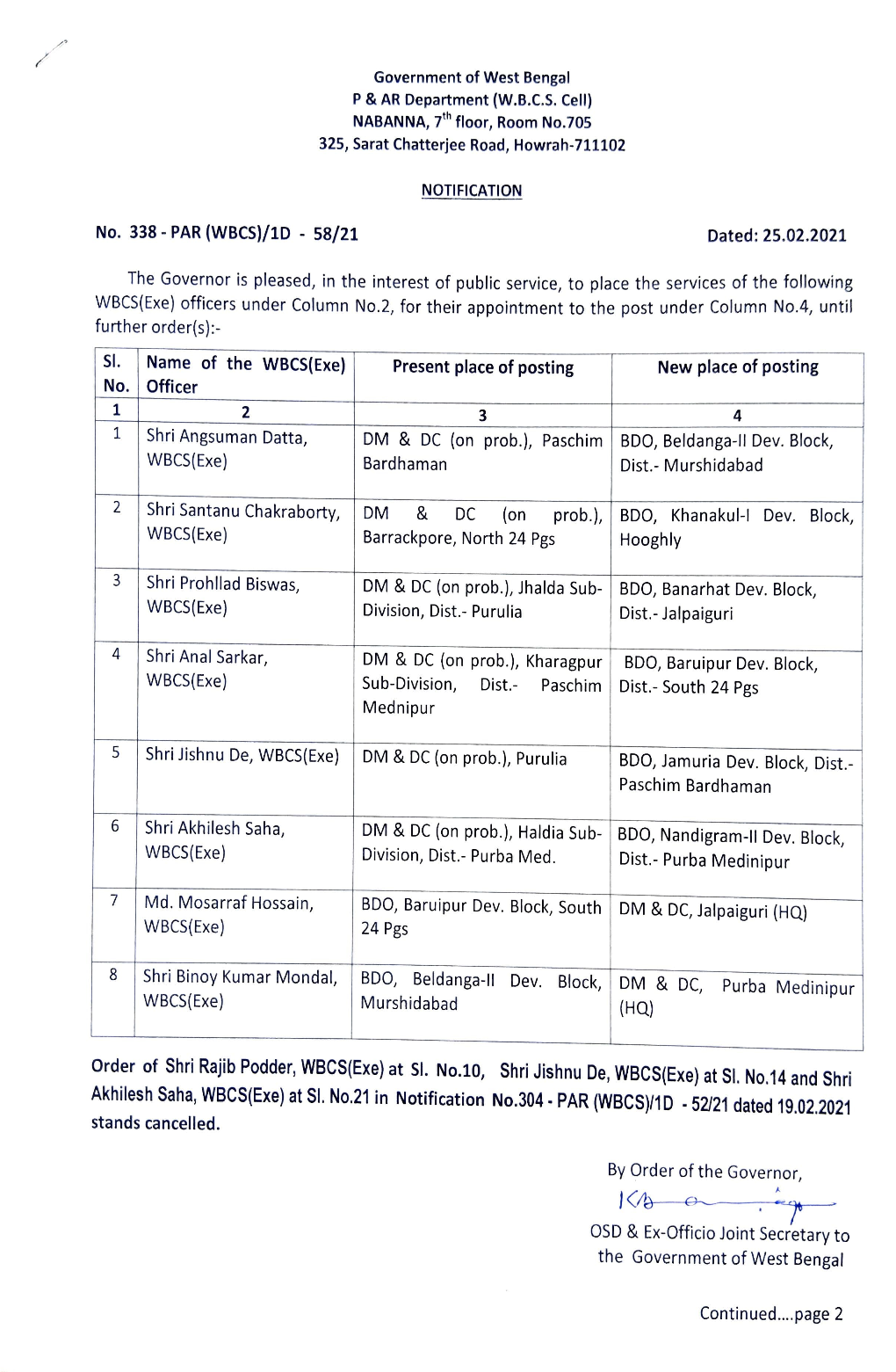 DM&DC (On Prob.), Jhalda Sub- BDO, Banarhat Dev. Block