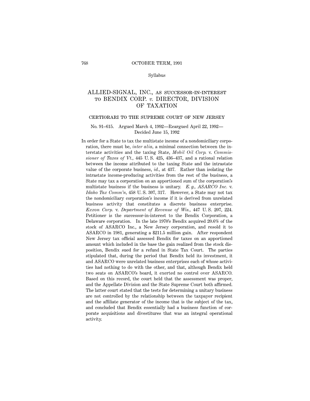 ALLIED-SIGNAL, INC., As Successor-In-Interest to BENDIX CORP. V. DIRECTOR, DIVISION of TAXATION Certiorari to the Supreme Court of New Jersey