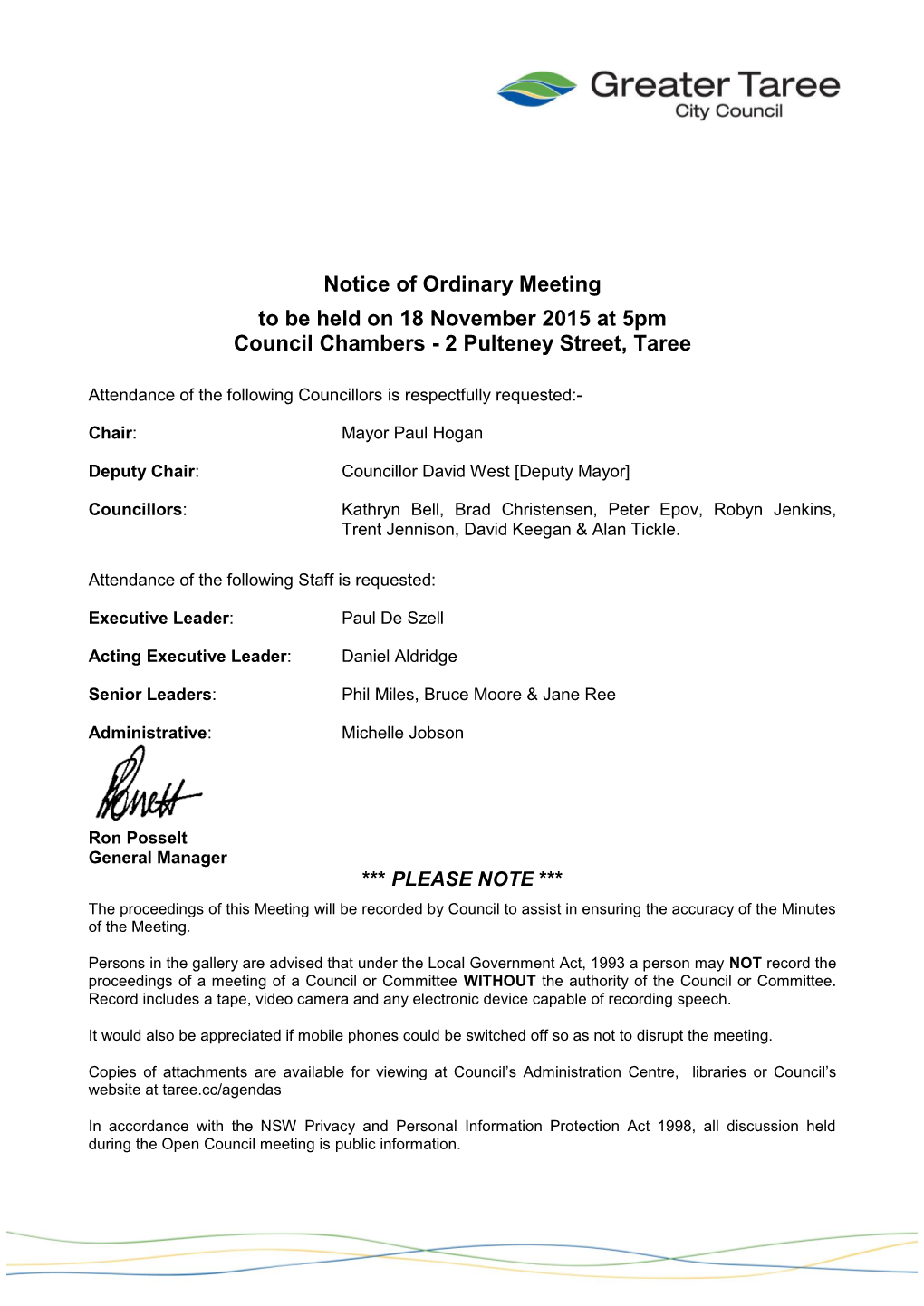 Notice of Ordinary Meeting to Be Held on 18 November 2015 at 5Pm Council Chambers - 2 Pulteney Street, Taree