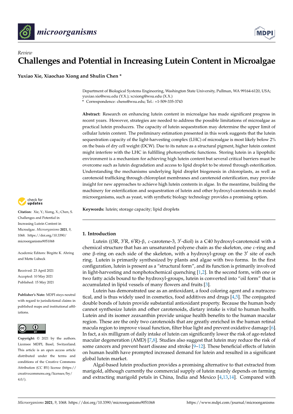 Challenges and Potential in Increasing Lutein Content in Microalgae