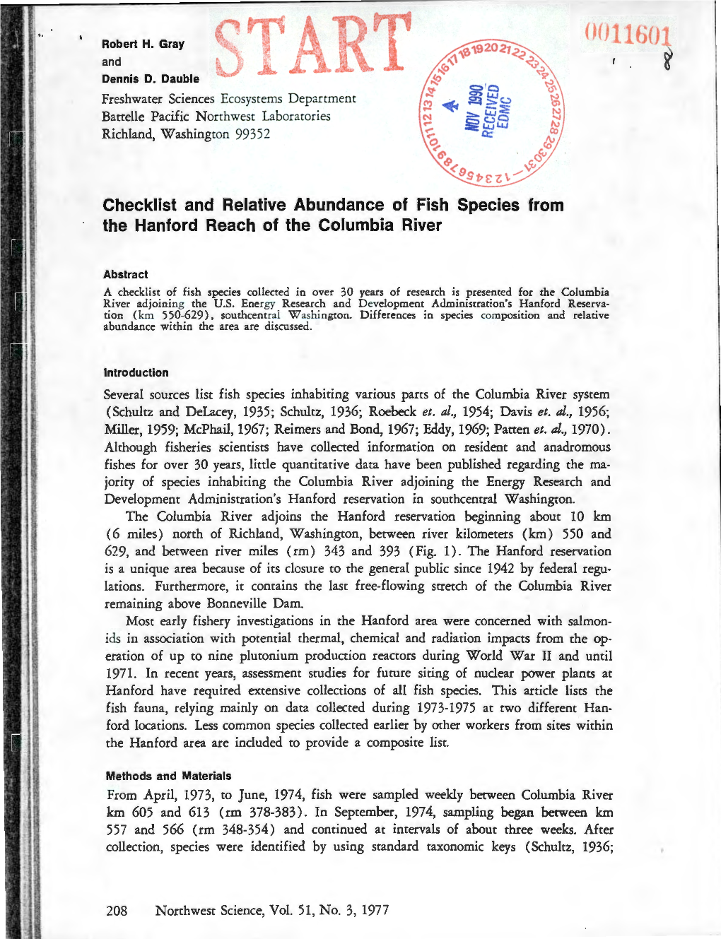 Checklist and Relative Abundance of Fish Species from the Hanford Reach of the Columbia River