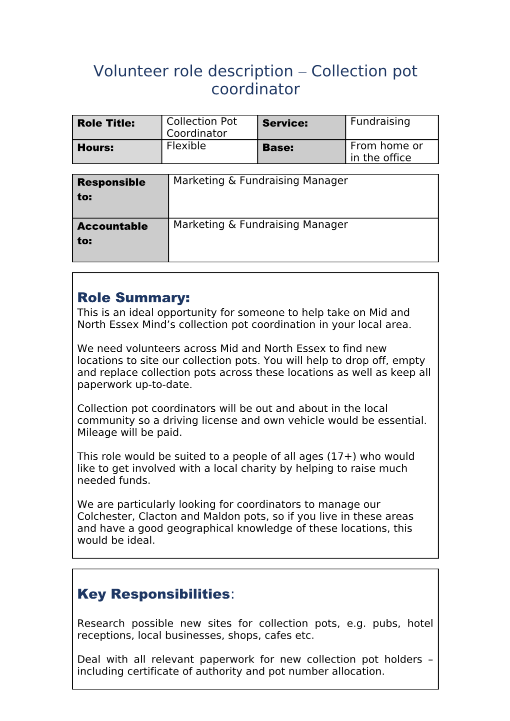 Volunteer Role Description Collection Pot Coordinator