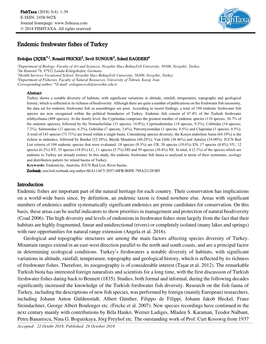 Endemic Freshwater Fishes of Turkey