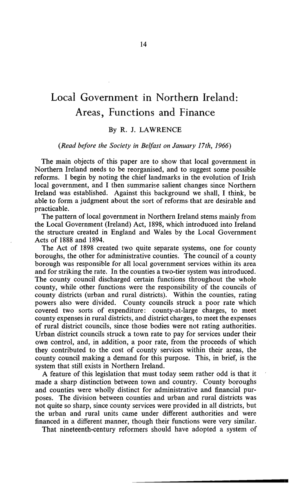 Local Government in Northern Ireland: Areas, Functions and Finance