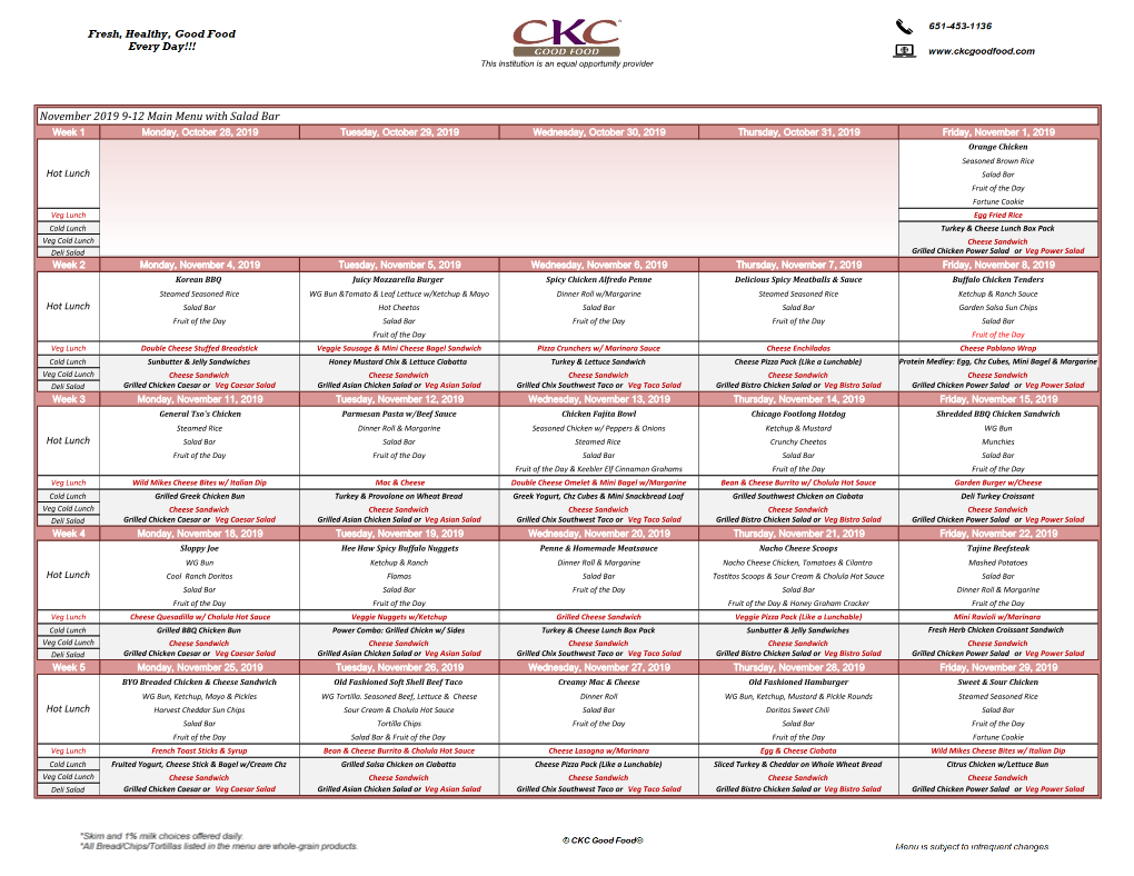 November 2019 9-12 Main Menu with Salad