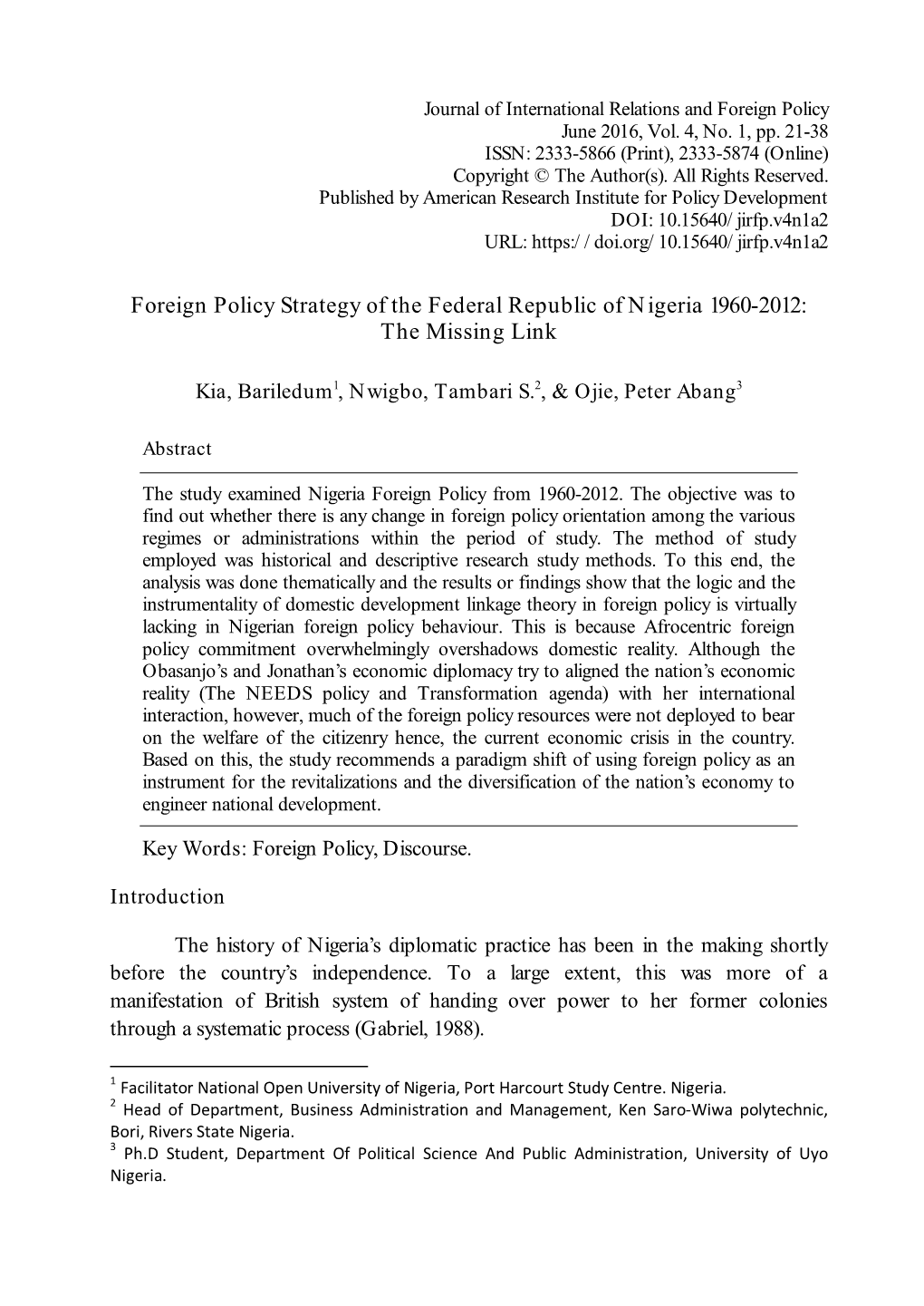 Foreign Policy Strategy of the Federal Republic of Nigeria 1960-2012: the Missing Link