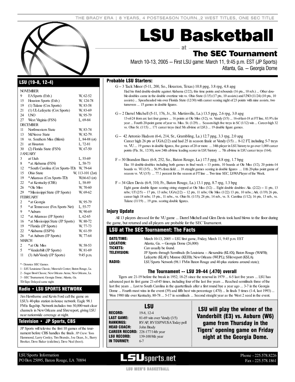 LSU Basketball at the SEC Tournament March 10-13, 2005 -- First LSU Game: March 11, 9:45 P.M