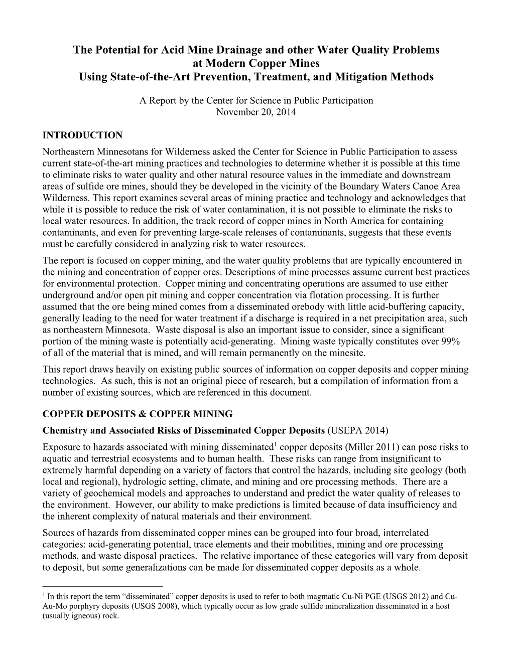 The Potential for Acid Mine Drainage and Other Water Quality Problems at Modern Copper Mines Using State-Of-The-Art Prevention, Treatment, and Mitigation Methods