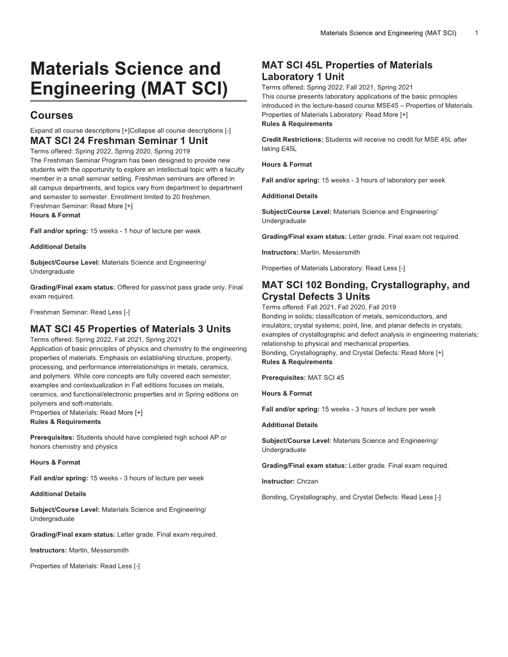 Materials Science and Engineering (MAT SCI) 1