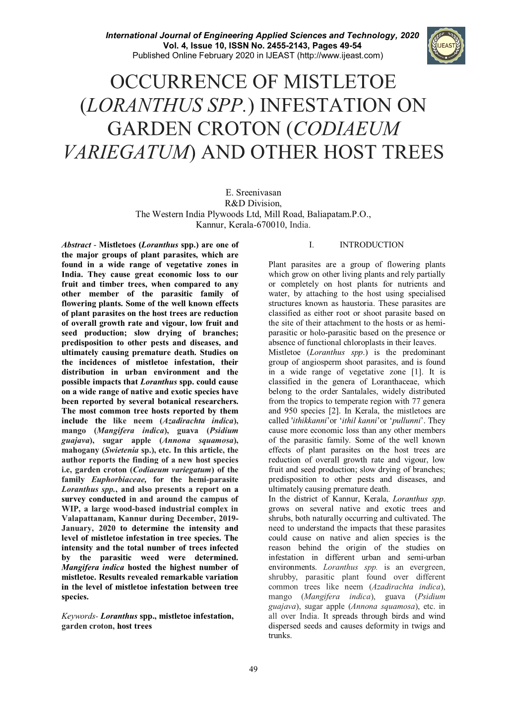 Loranthus Spp.) Infestation on Garden Croton (Codiaeum Variegatum) and Other Host Trees