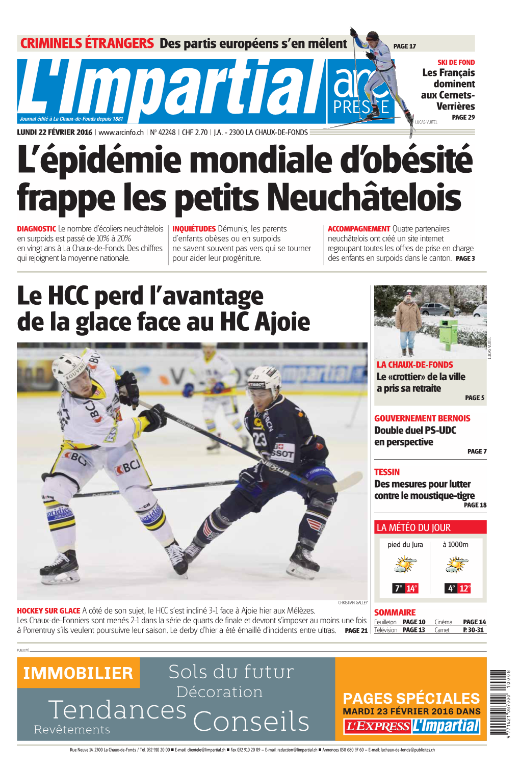 Le HCC Perd L'avantage De La Glace Face Au HC Ajoie