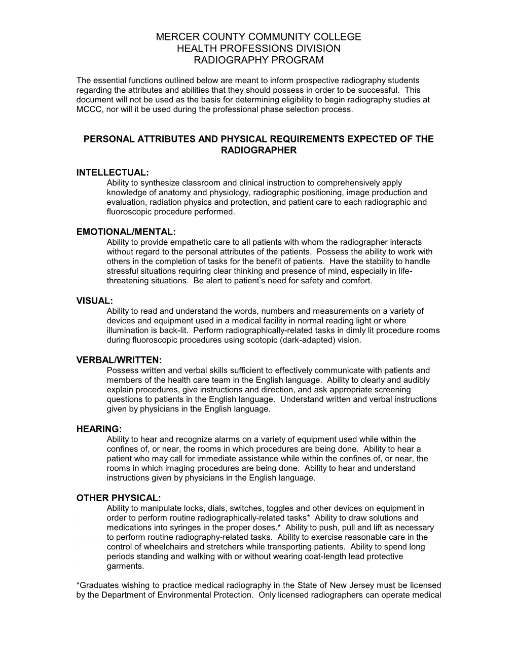 Personal Attributes and Physical Requirements Expected of the Radiographer