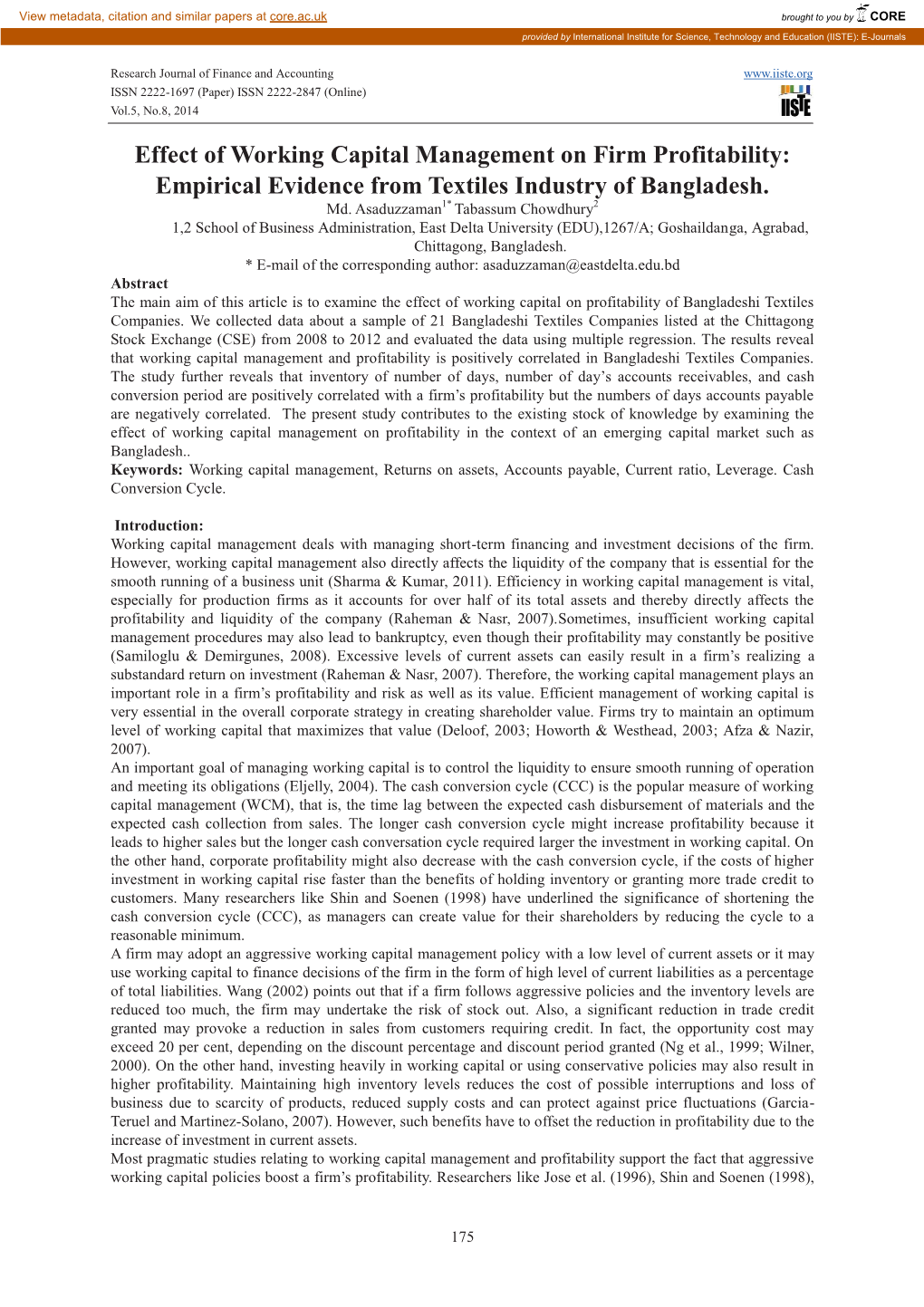 Effect of Working Capital Management on Firm Profitability: Empirical Evidence from Textiles Industry of Bangladesh