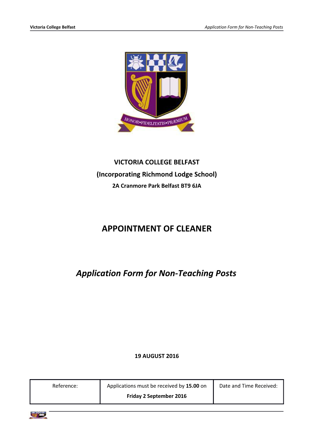 Victoria College Belfast Application Form for Non-Teaching Posts