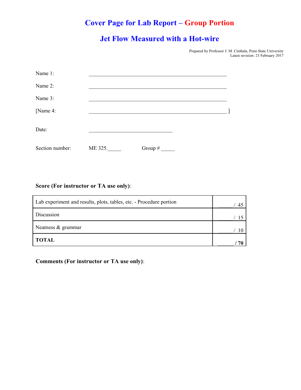 Cover Page for Lab Report Group Portion