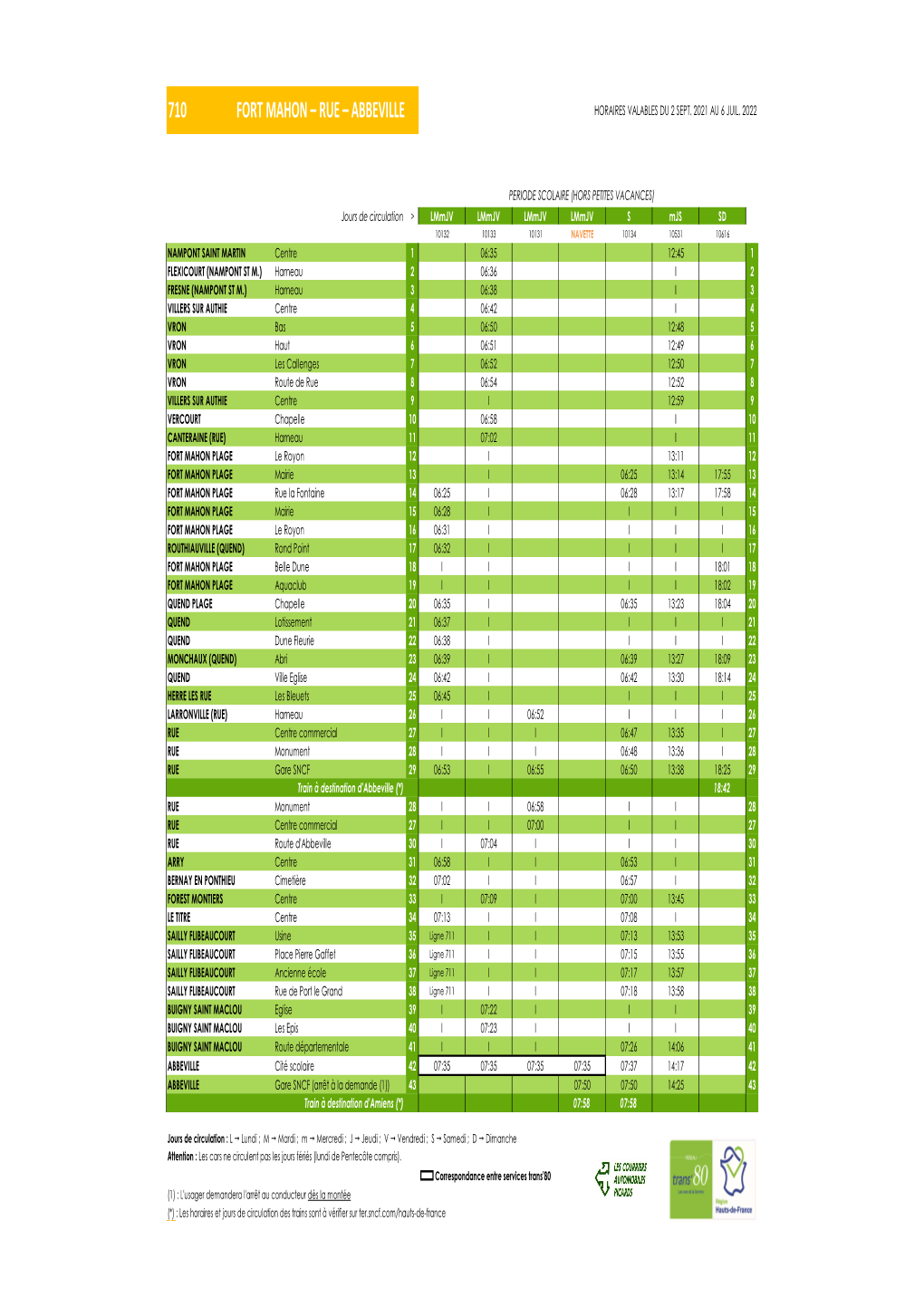 710 Fort Mahon – Rue – Abbeville Horaires Valables Du 2 Sept