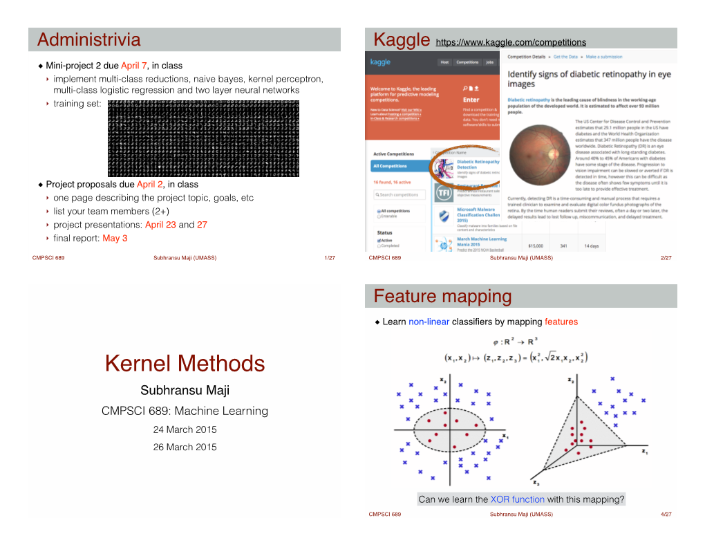 Kernel Methods Subhransu Maji CMPSCI 689: Machine Learning 24 March 2015 26 March 2015