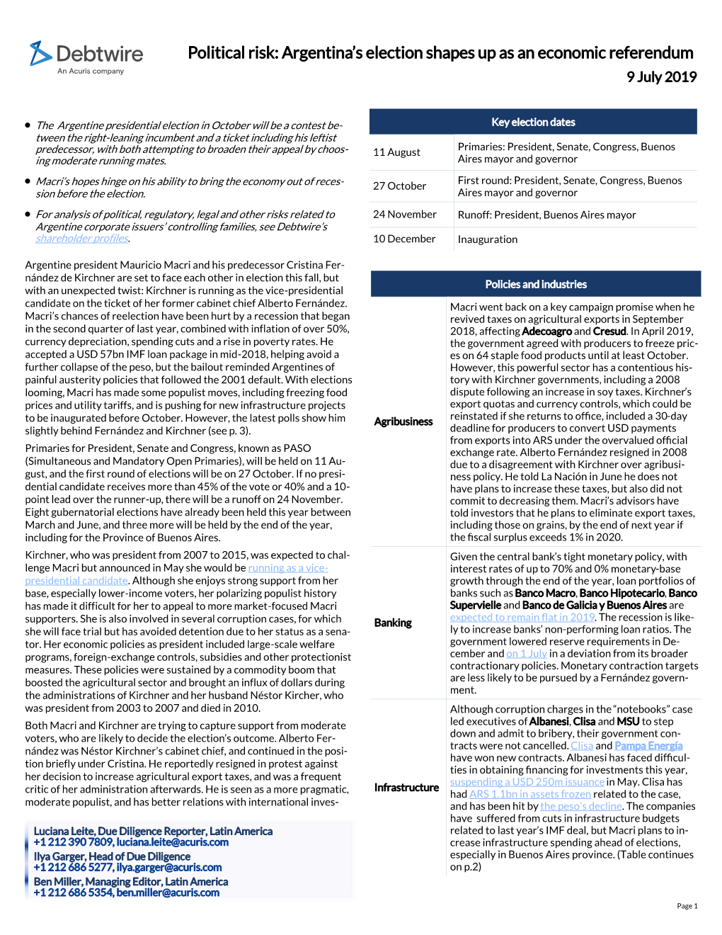 Debtwire Political Risk Research: Argentina's Election Shapes up As