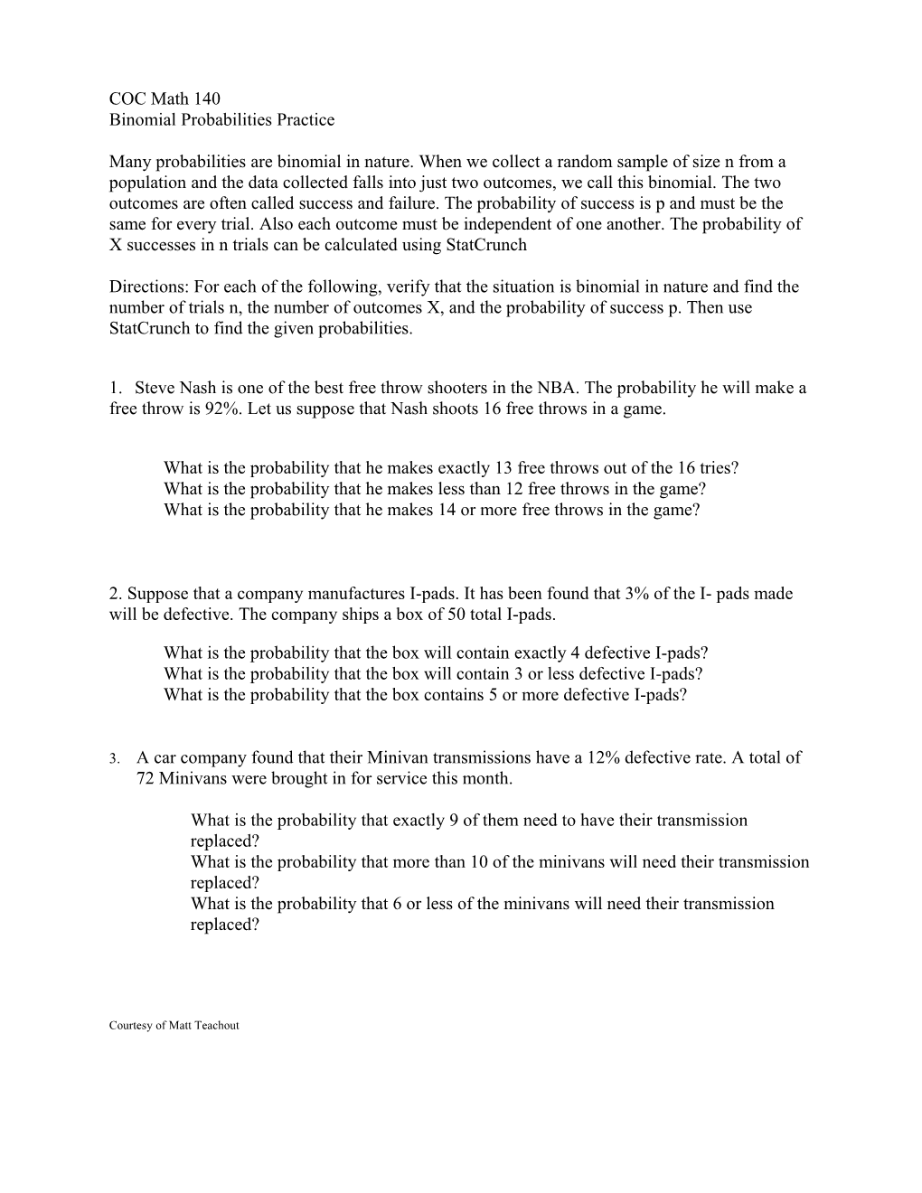 Binomial Probabilities Practice