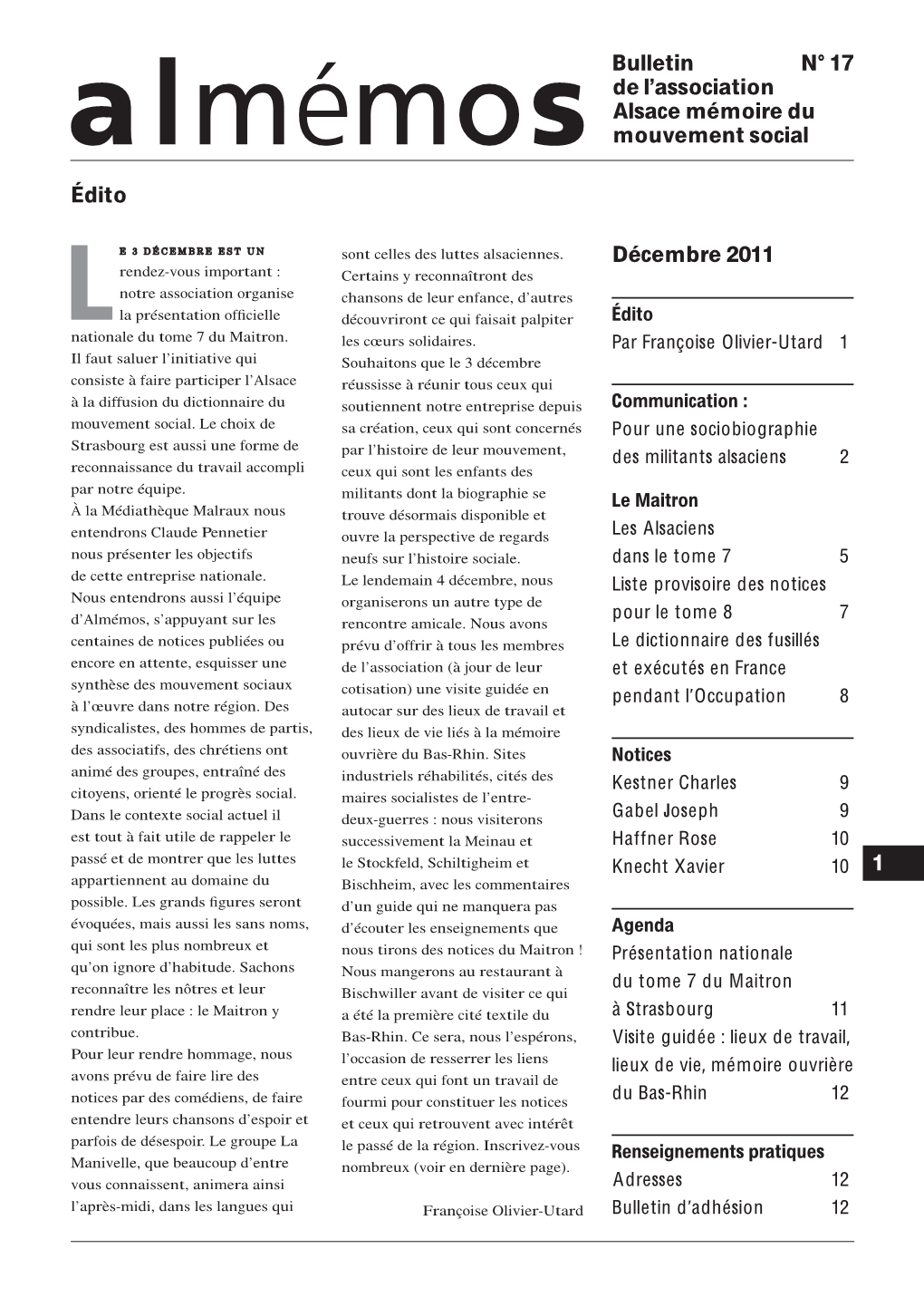 Décembre 2011 Bulletin N° 17 De L'association Alsace Mémoire Du