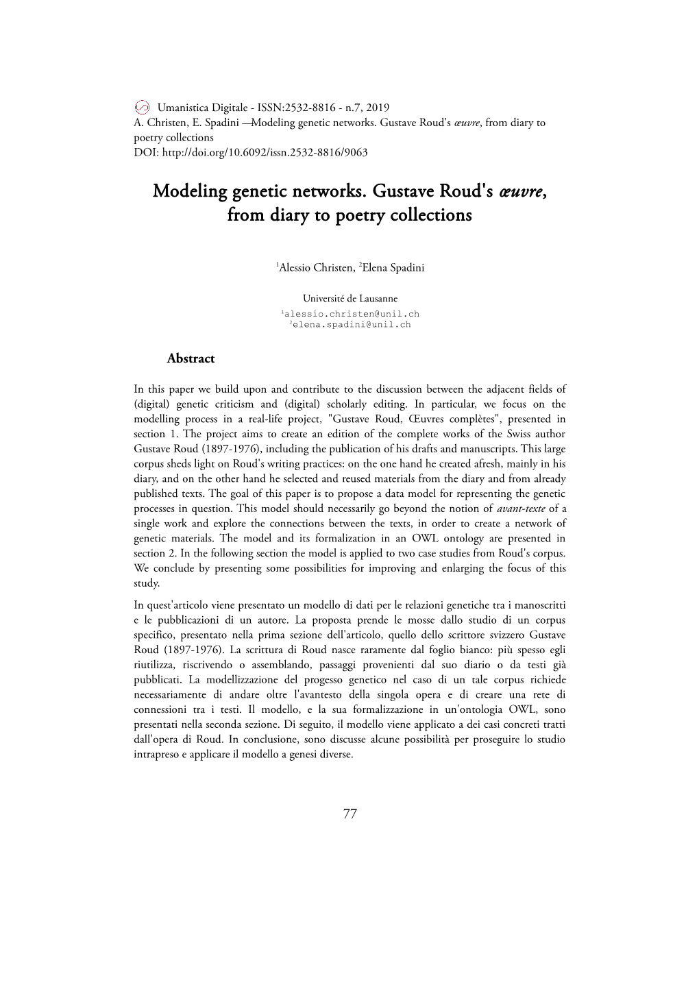 Modeling Genetic Networks. Gustave Roud's Œuvre, from Diary to Poetry Collections DOI
