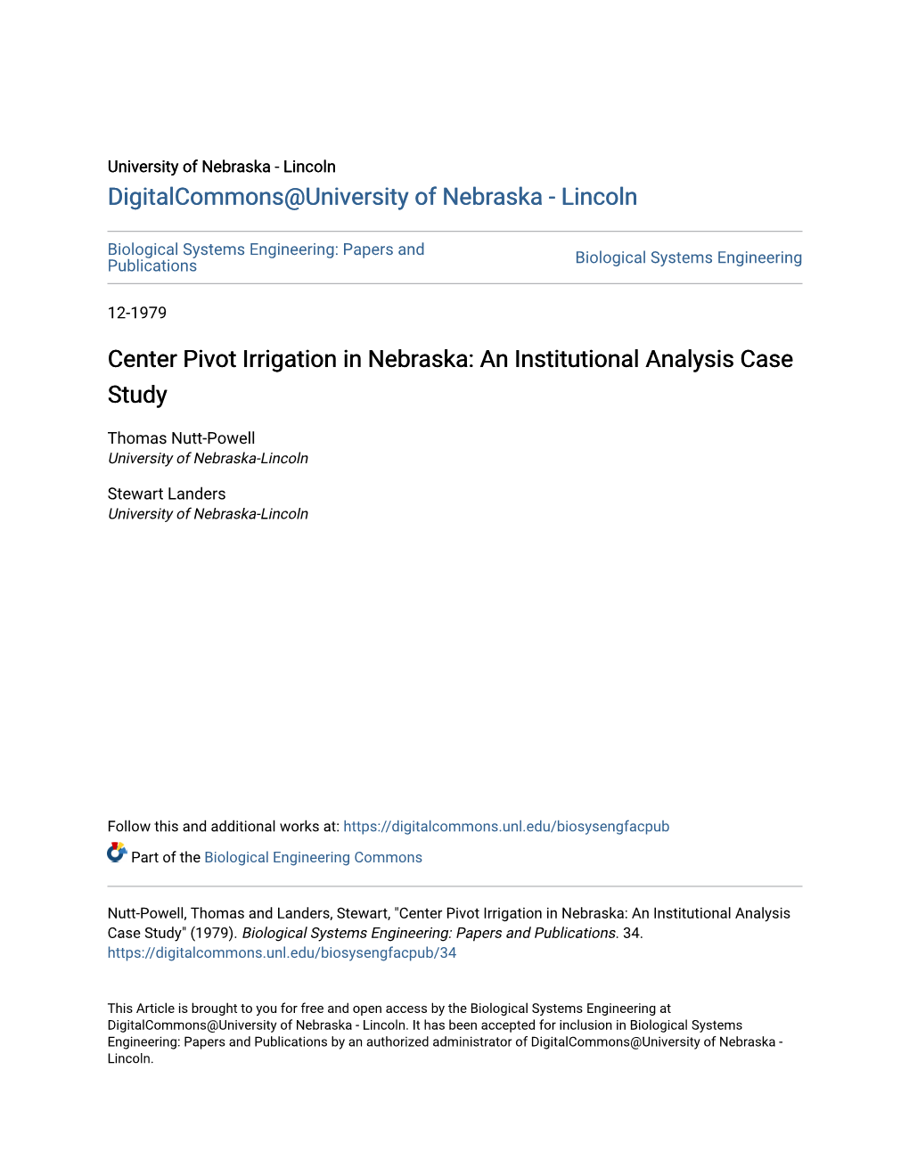 Center Pivot Irrigation in Nebraska: an Institutional Analysis Case Study