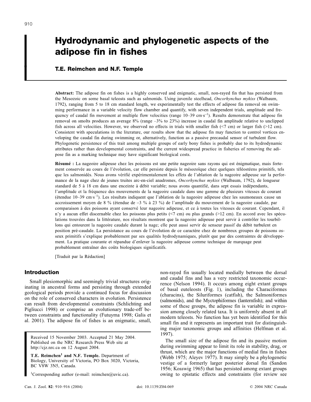 Hydrodynamic and Phylogenetic Aspects of the Adipose Fin in Fishes