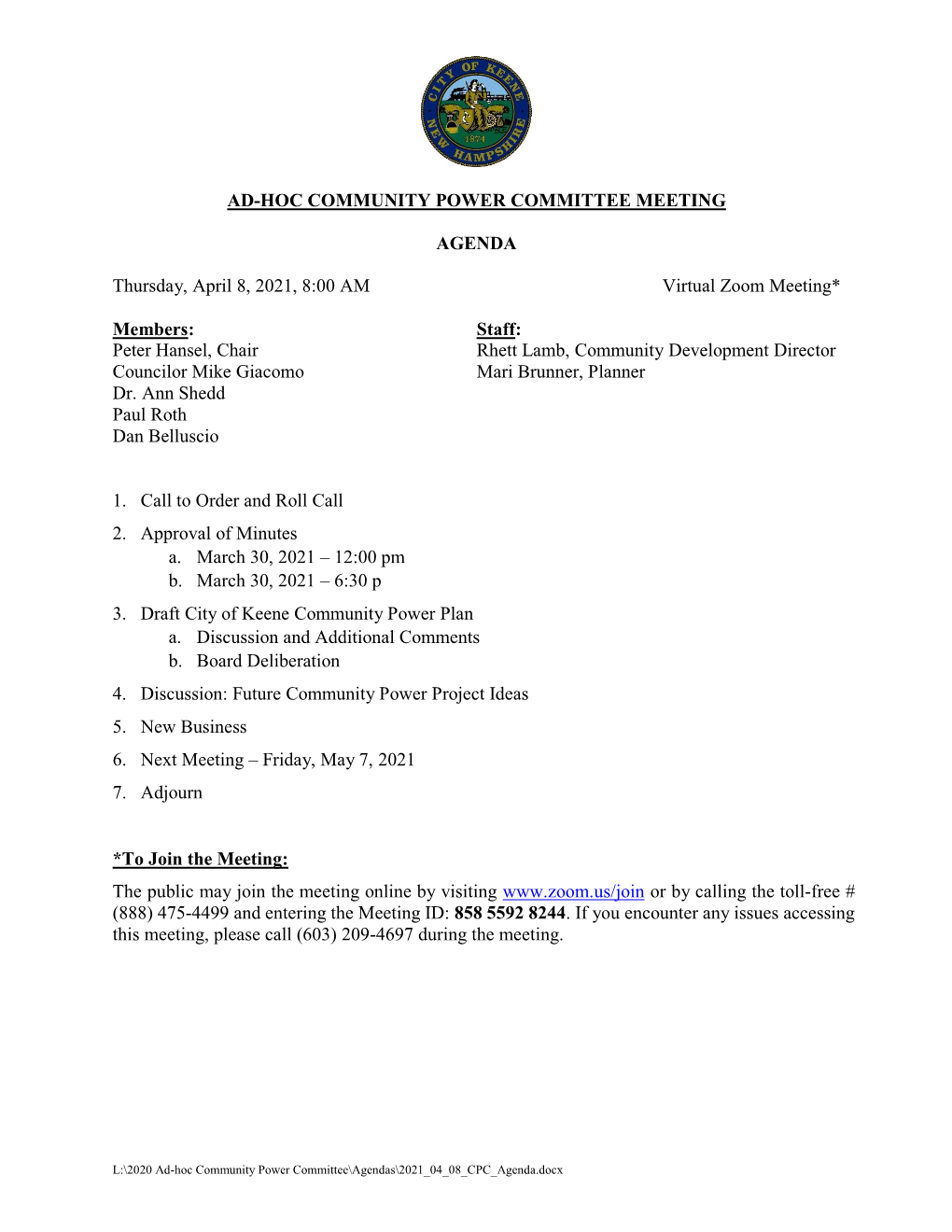 Ad-Hoc Community Power Committee Meeting Agenda