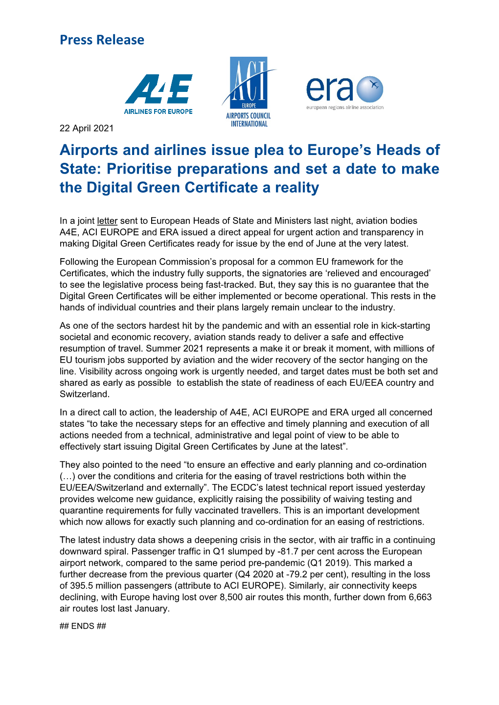 Press Release Airports and Airlines Issue Plea to Europe's Heads of State