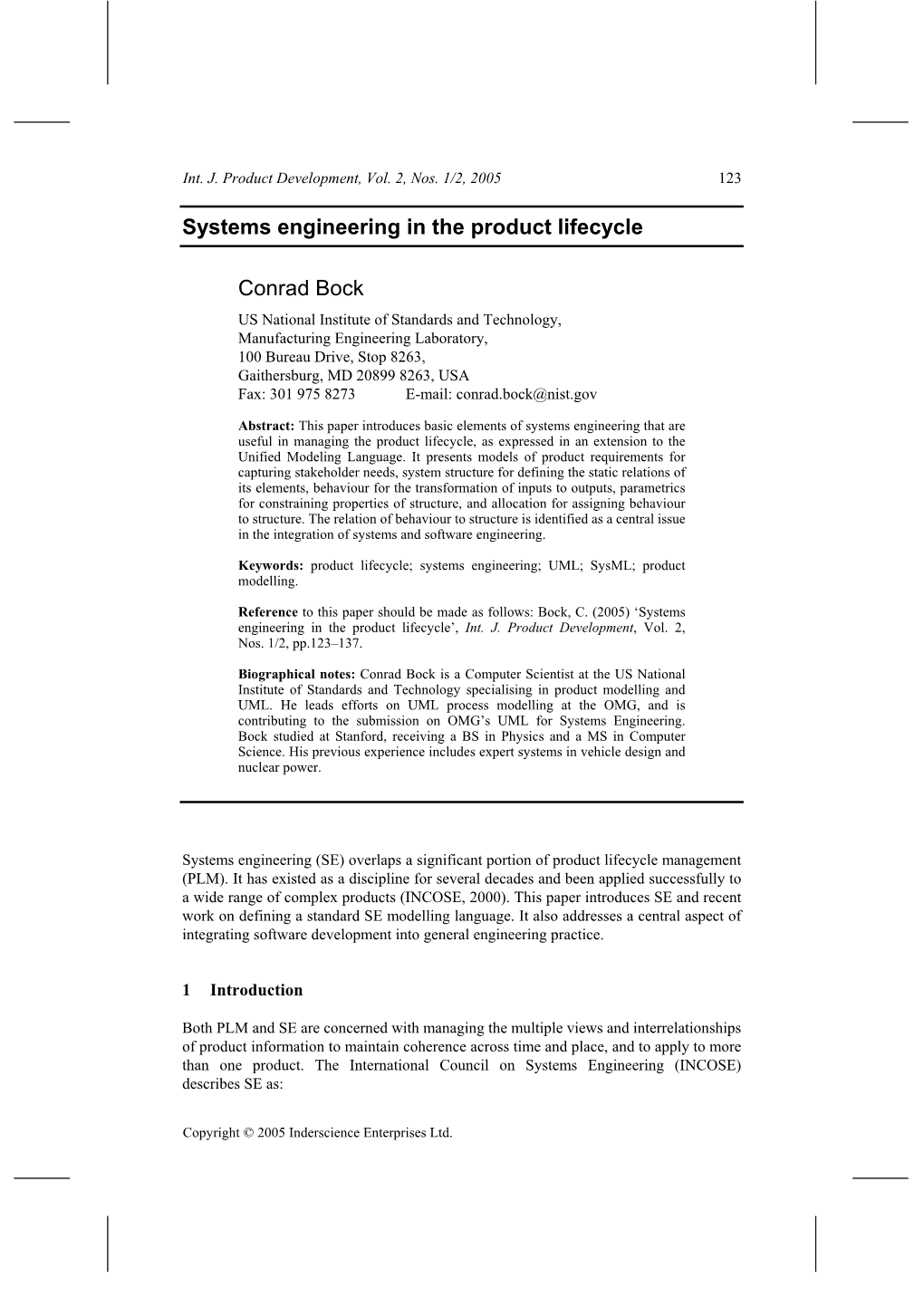 Systems Engineering in the Product Lifecycle Conrad Bock