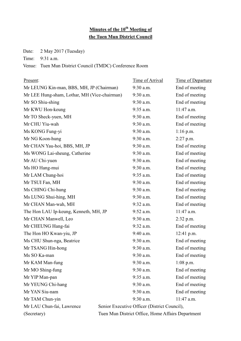 Minutes of the 10 Meeting of the Tuen Mun District Council Date: 2 May