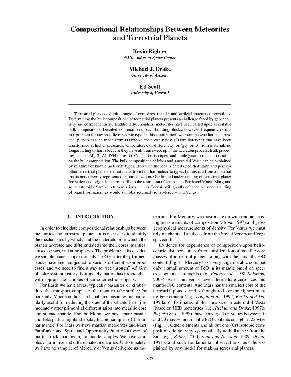 Compositional Relationships Between Meteorites and Terrestrial Planets