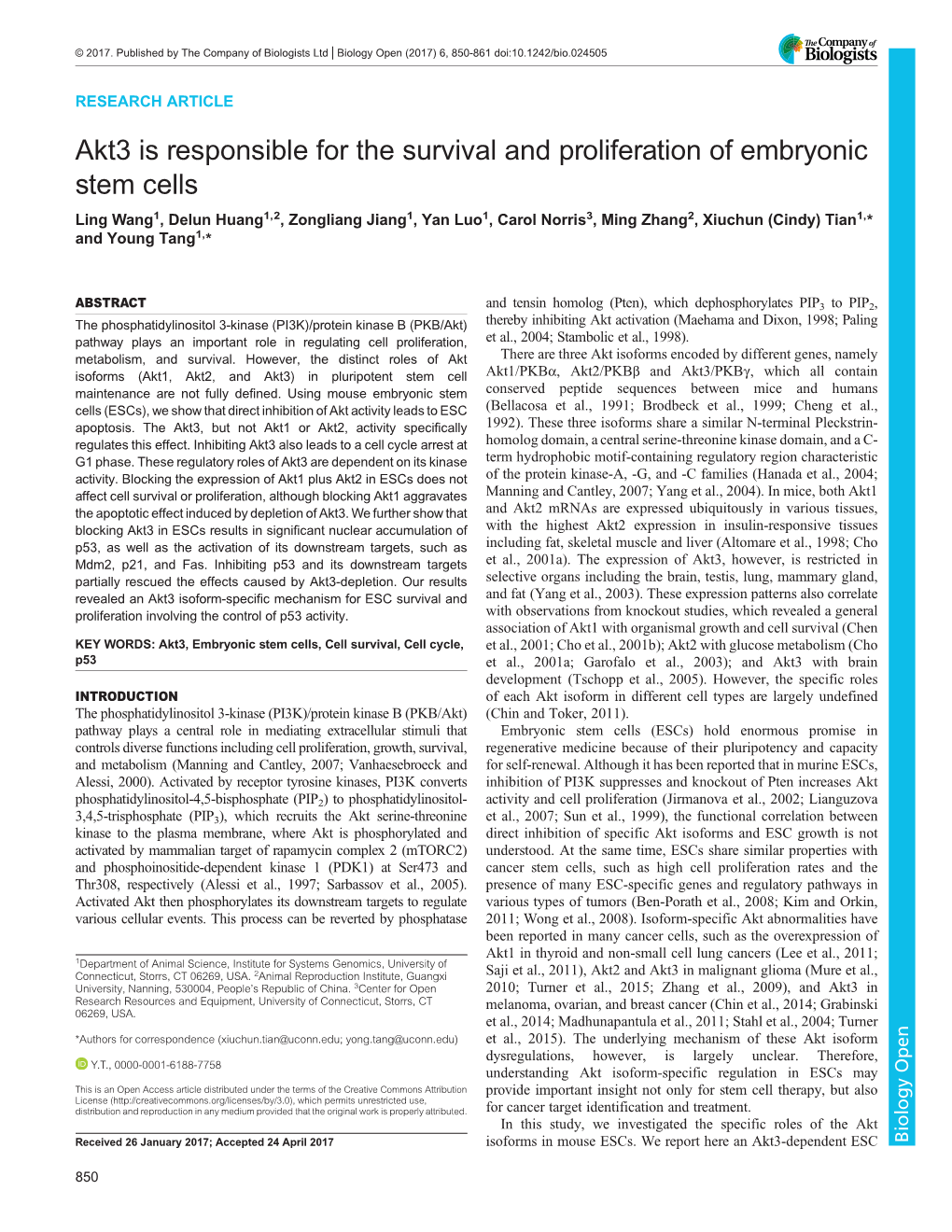 Akt3 Is Responsible for the Survival and Proliferation of Embryonic Stem Cells