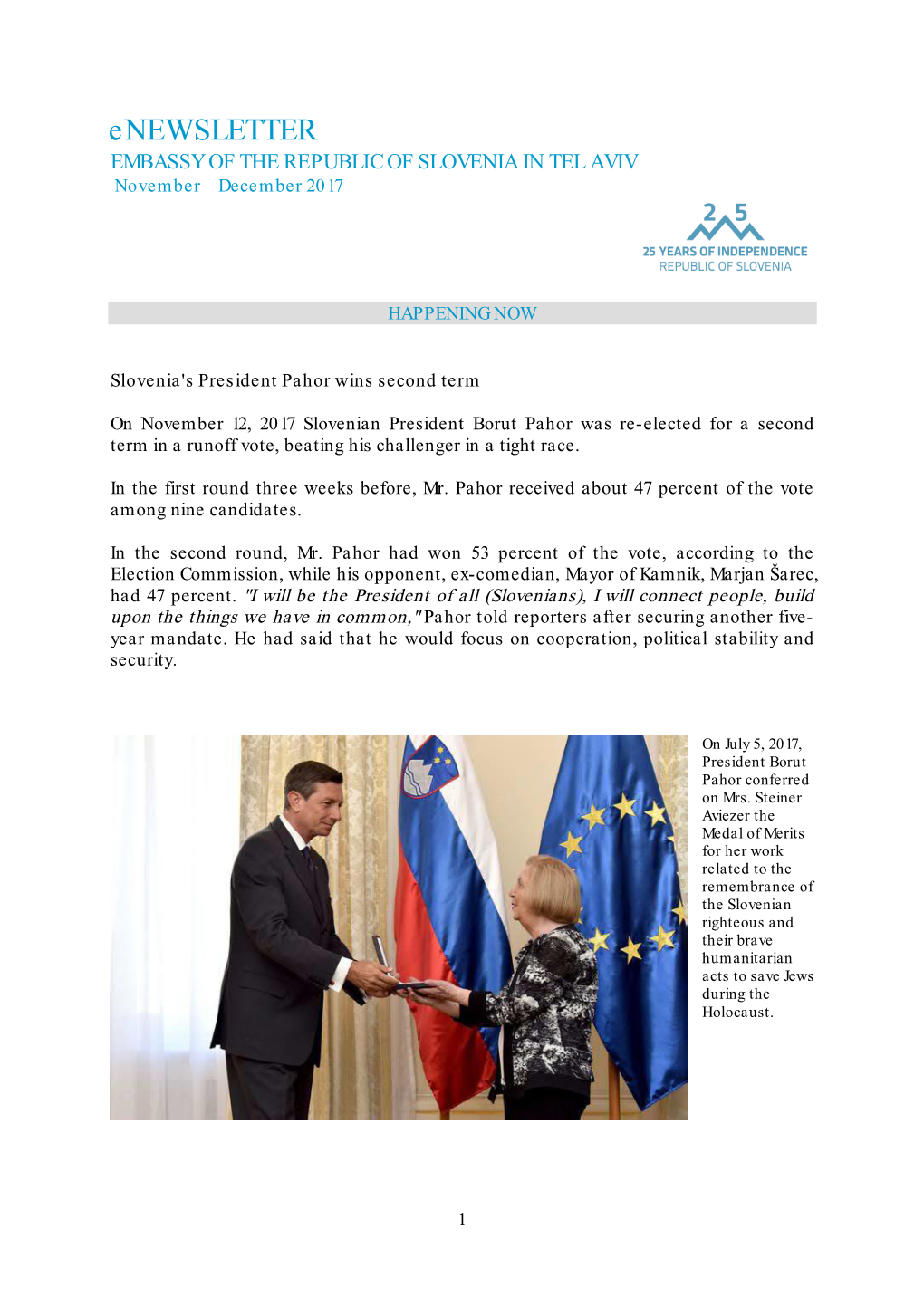 Enewsletter EMBASSY of the REPUBLIC of SLOVENIA in TEL AVIV November – December 2017