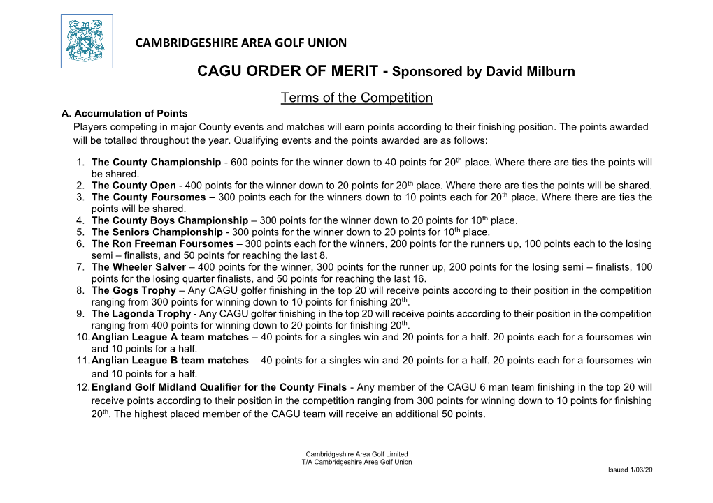 CAGU ORDER of MERIT - Sponsored by David Milburn