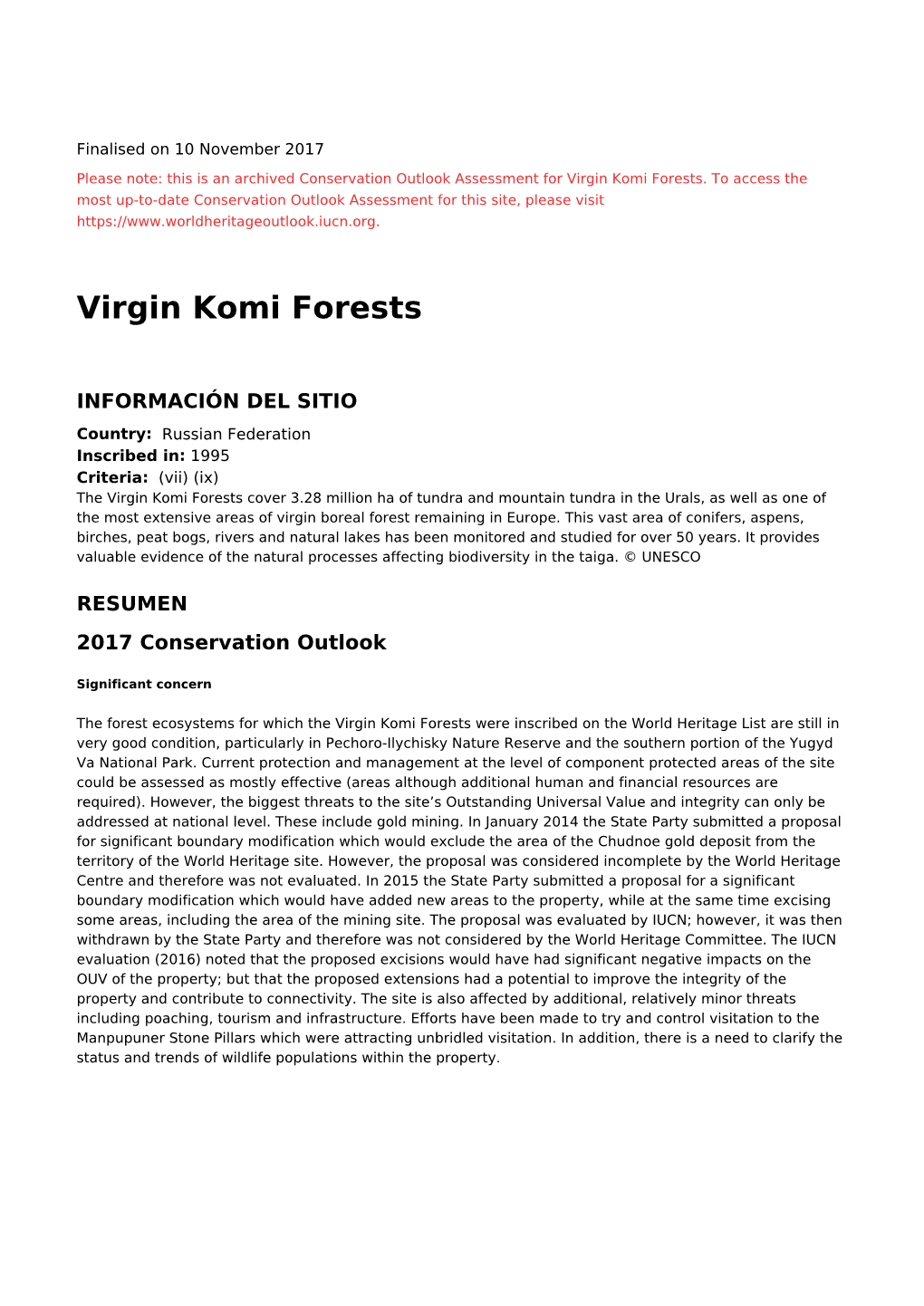 Virgin Komi Forests - 2017 Conservation Outlook Assessment (Archived)