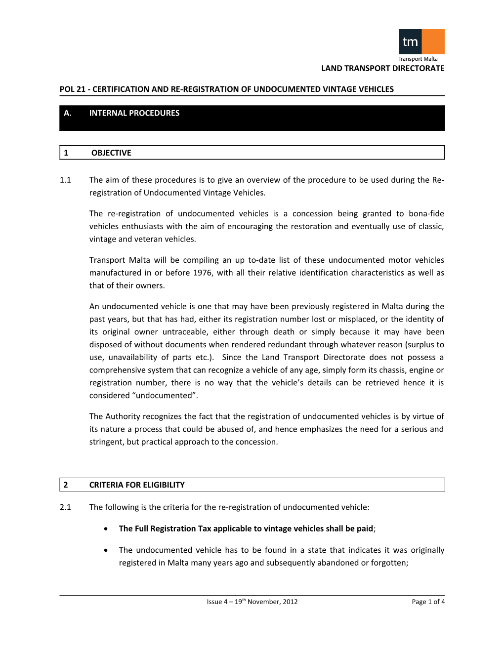 Pol 21 - Certification and Re-Registration of Undocumented Vintage Vehicles