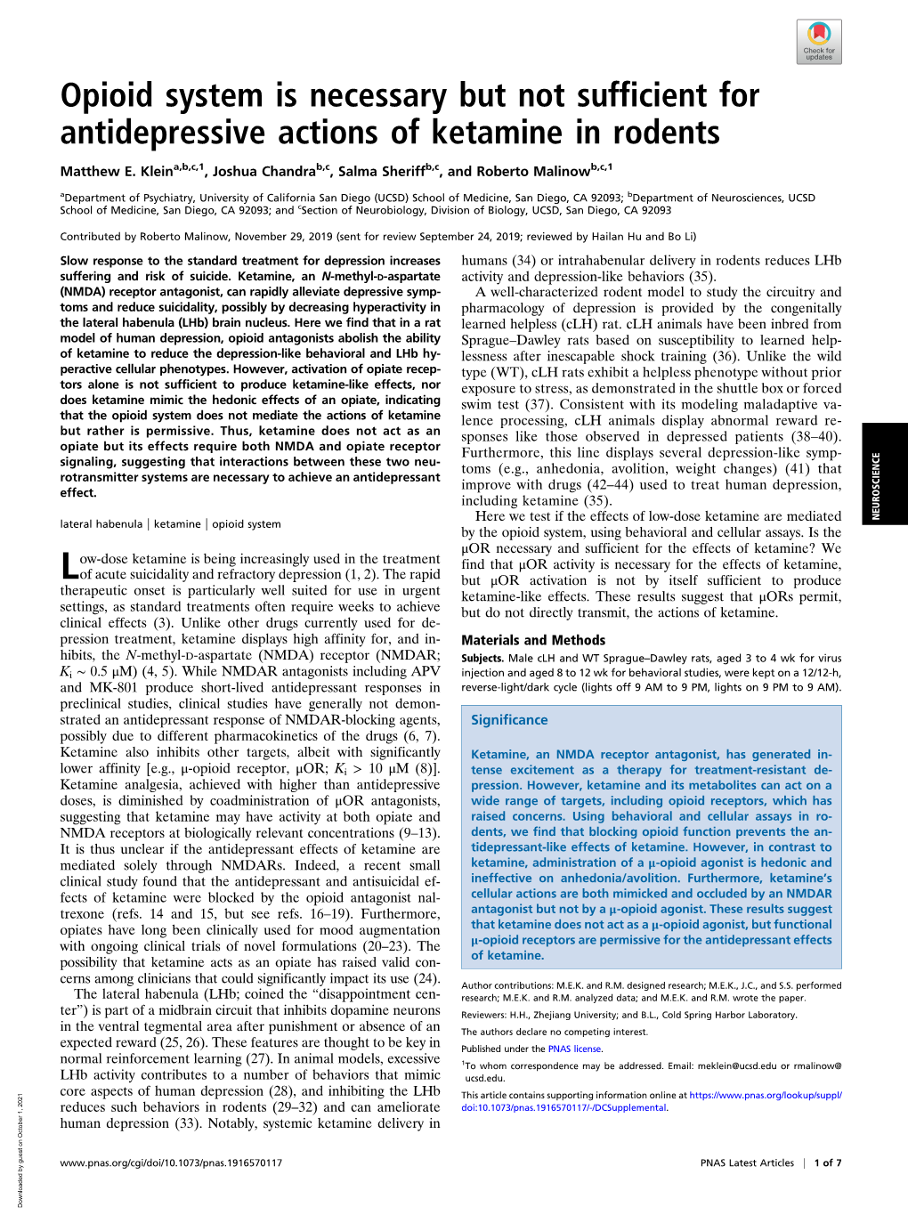 Opioid System Is Necessary but Not Sufficient for Antidepressive Actions of Ketamine in Rodents