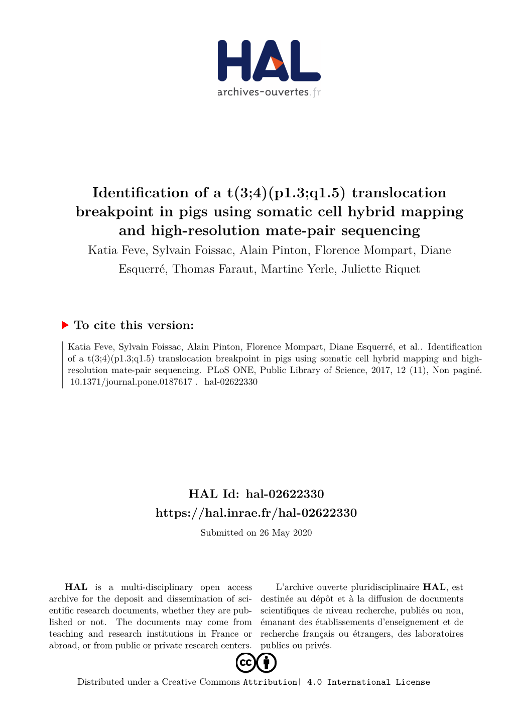 Translocation Breakpoint in Pigs Using Somatic Cell Hybrid Mapping And