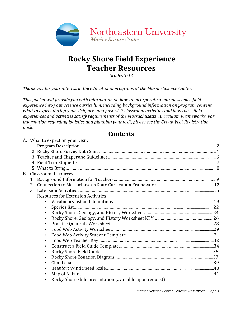 Rocky Shore Field Experience Teacher Resources Grades 9-12