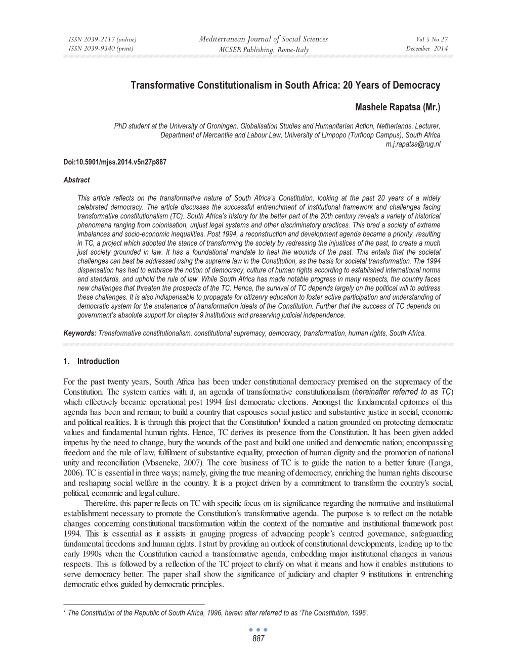 Transformative Constitutionalism in South Africa: 20 Years of Democracy