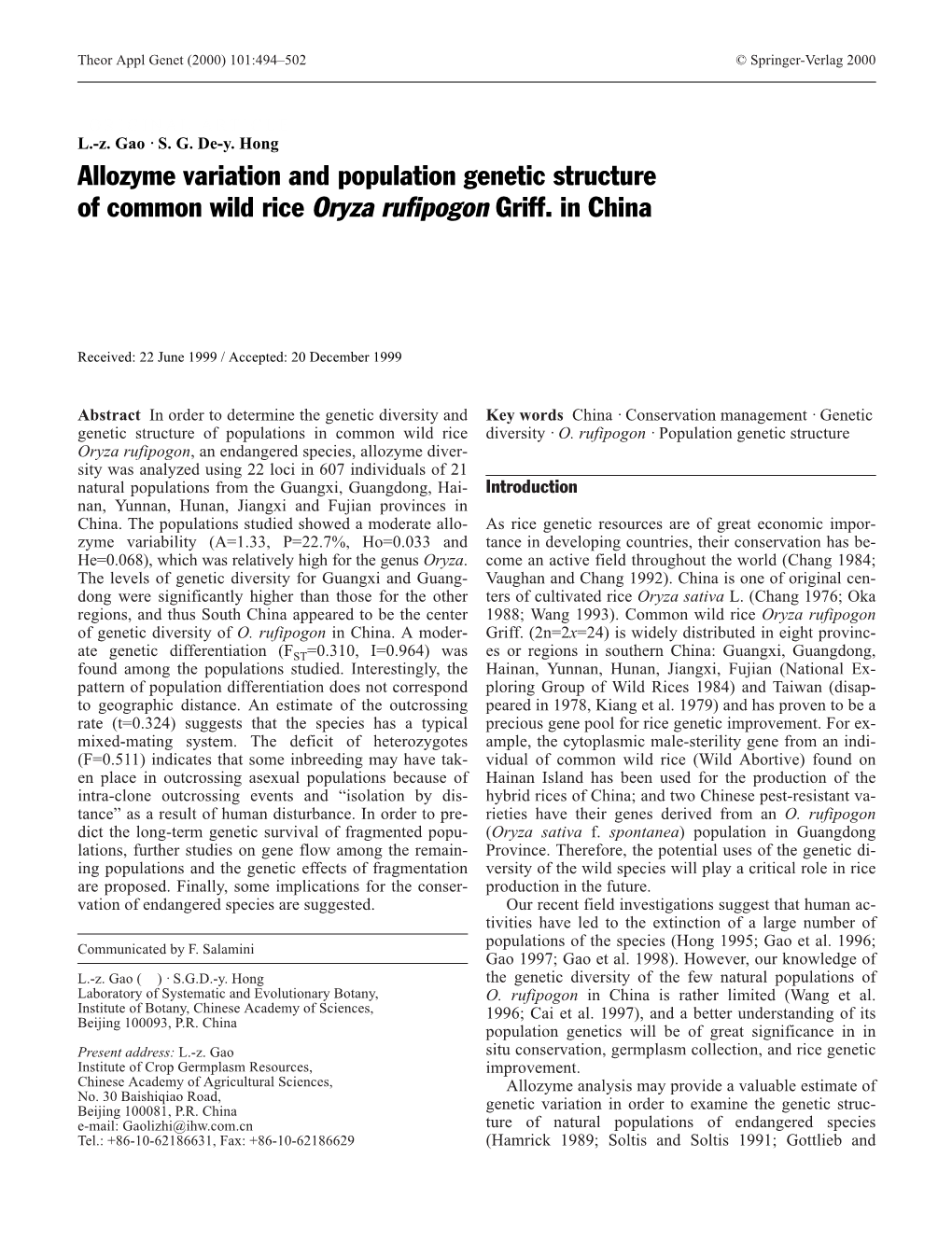 Allozyme Variation and Population Genetic Structure of Common Wild Rice Oryza Rufipogon Griff