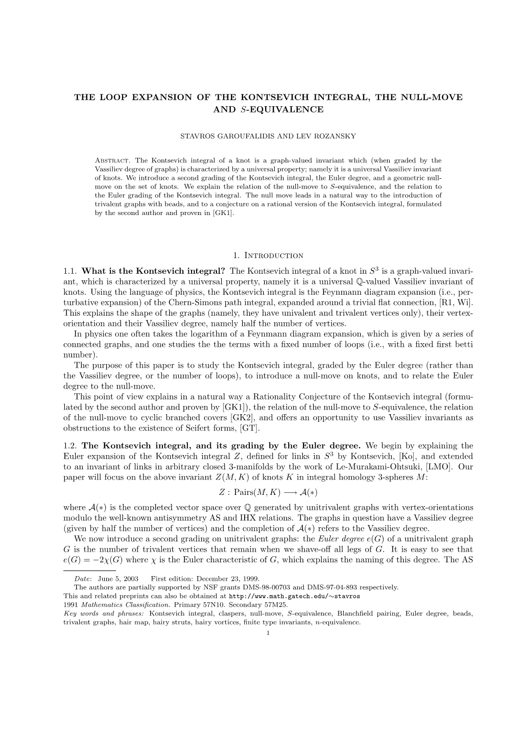 The Loop Expansion of the Kontsevich Integral, the Null-Move and S-Equivalence